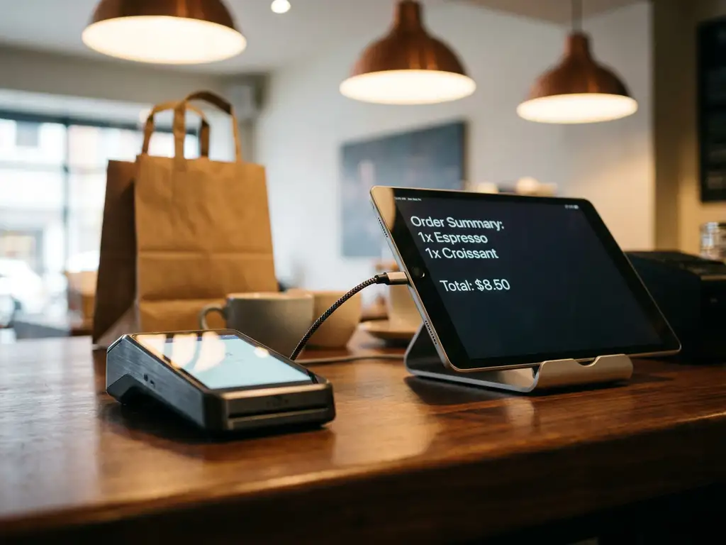 Zwarte betaalterminal verbonden met een POS-tablet met orderoverzicht op een restauranttoonbank, met een afhaaltas op de achtergrond.