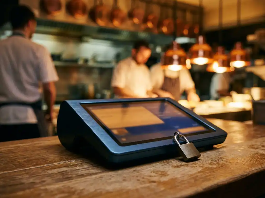 POS-tablet op restauranttoonbank met fysiek hangslot tegen het scherm, warme keukenverlichting op de achtergrond.