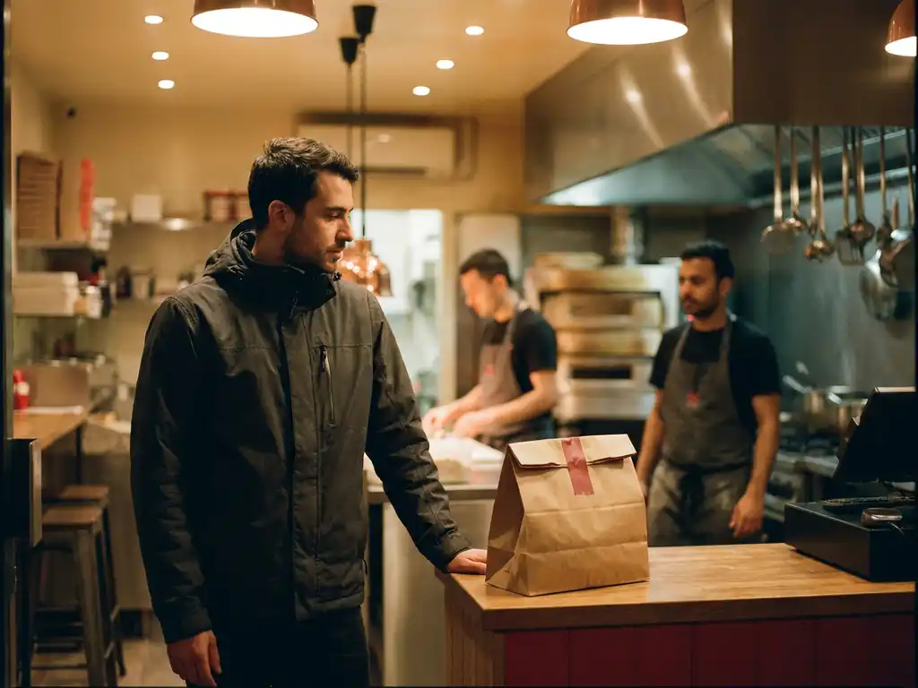 Bezorger in jack wacht rustig aan restauranttoonbank, verzegelde afhaaltas klaar voor ophaling, keukenmedewerkers zichtbaar op achtergrond.