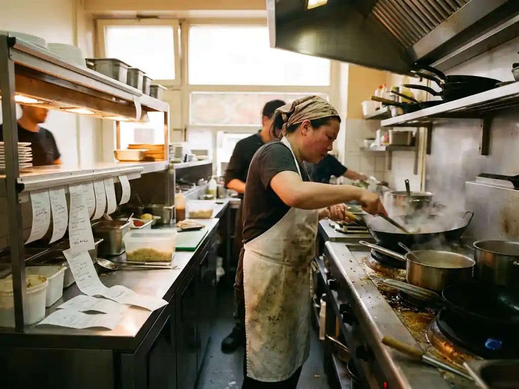 Kok beheert meerdere stomende gerechten op druk fornuis in afhaalrestaurant, bonnetjes verspreid over het aanrecht.