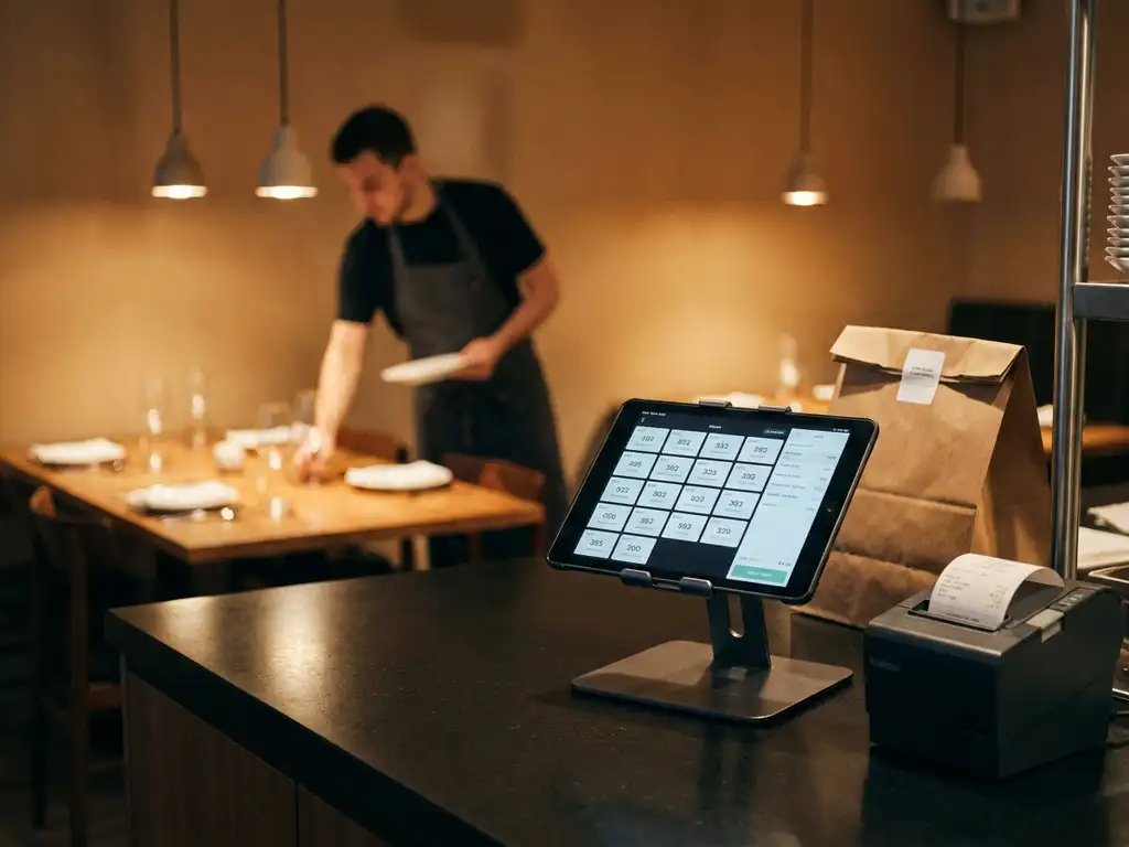 POS-tablet op keukenbar toont bezorgbestellingen, naast verzegelde bezorgtas en bonnenprinter, met gedekte eettafel op de achtergrond.