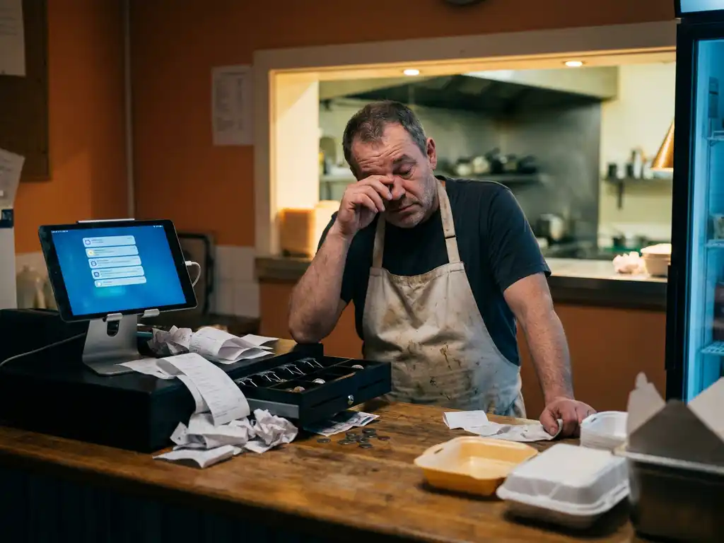 Uitgeputte afhaalrestauranthouder achter rommelige balie bij sluitingstijd, omringd door bonnetjes en bezorgapp-notificaties op tablet.
