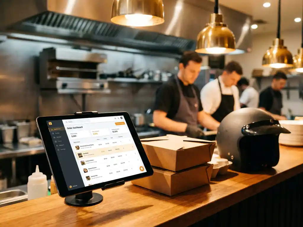 Tablet op restauranttoonbank met bezorgbestellingen, stapel afhaalboxen en scooterhelm onder warm goudkleurig licht.