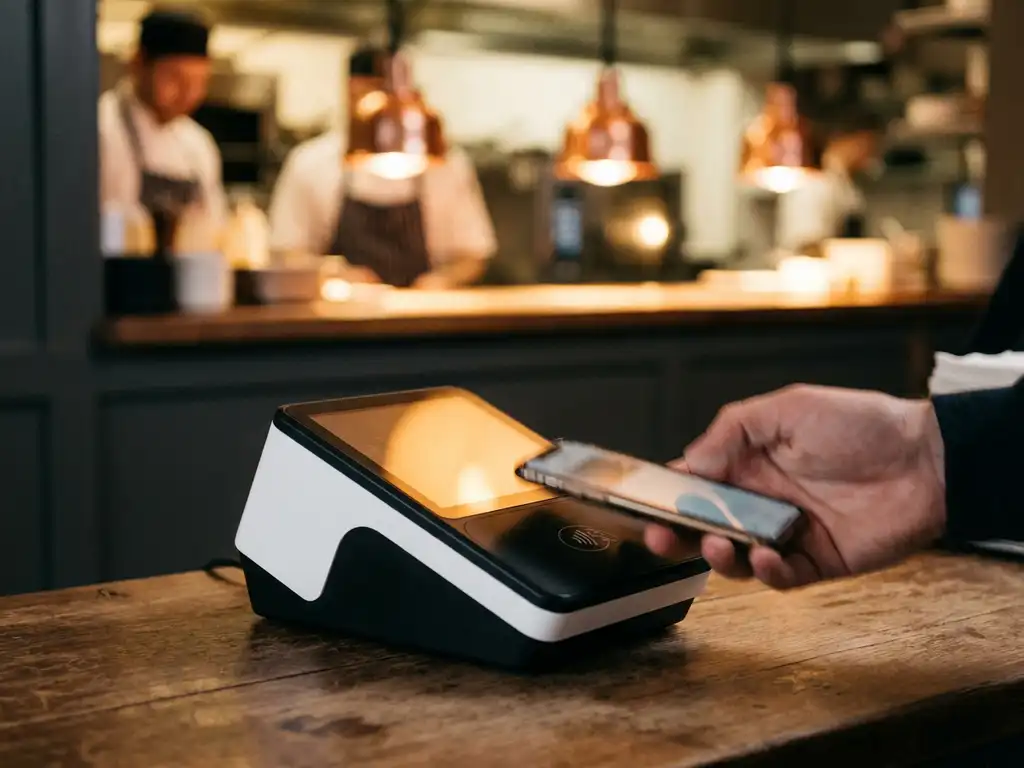 POS-terminal op restauranttoonbank ontvangt contactloze betaling via smartphone, warme keukenlichten op de achtergrond.