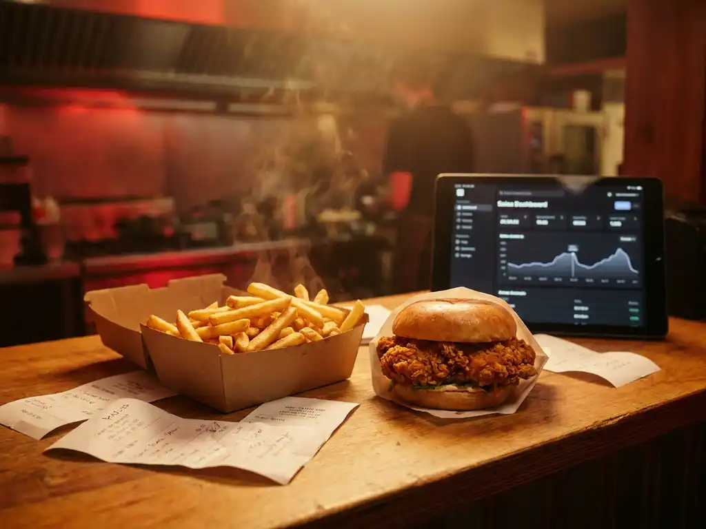 Dampende frietjes en krokante kipburger op een afhaalrestauranttoonbank, omringd door bestelbon­netjes en een verkooptablet op de achtergrond.