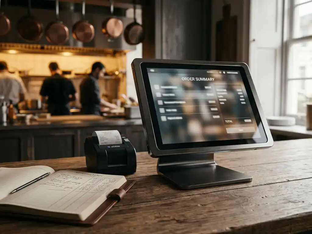 POS-tablet op restauranttoonbank met orderoverzicht, openstaand kasboek en draadloze bonnenprinter in warm omgevingslicht.