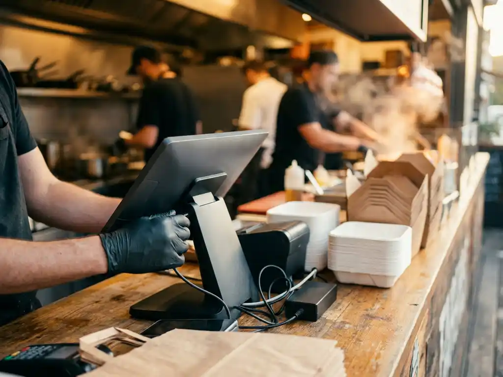 Kassamedewerker installeert POS-touchscreen terminal op toonbank van afhaalrestaurant, met voedselverpakkingen op de achtergrond.