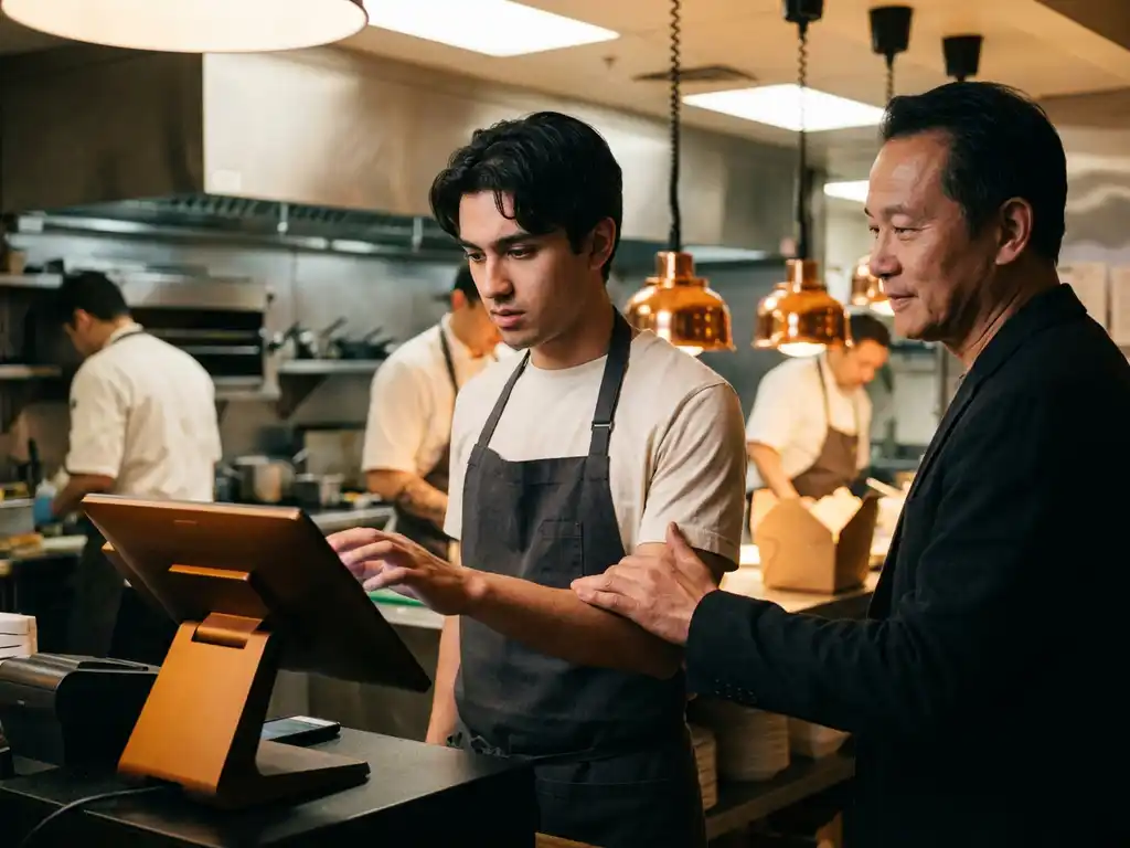 Jonge medewerker leert kassasysteem bedienen onder begeleiding van ervaren manager in warme restaurantkeuken.
