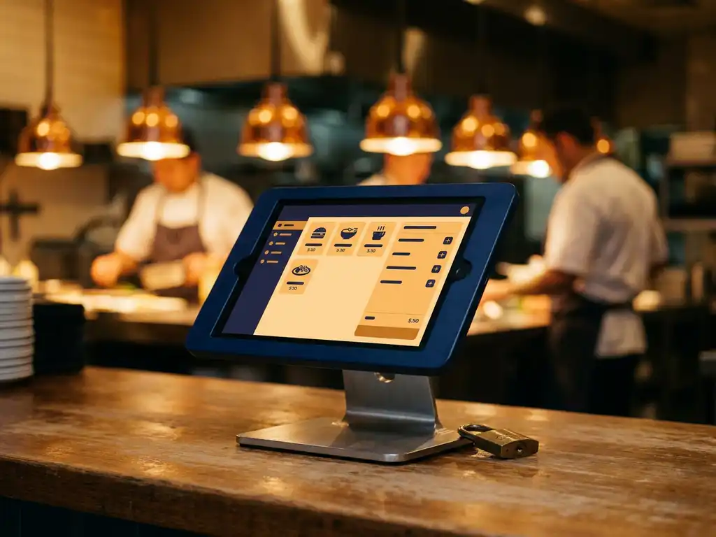 POS-tablet op restauranttoonbank met bestelscherm en klein messing hangslot, symboliseert beveiliging van kassasystemen.