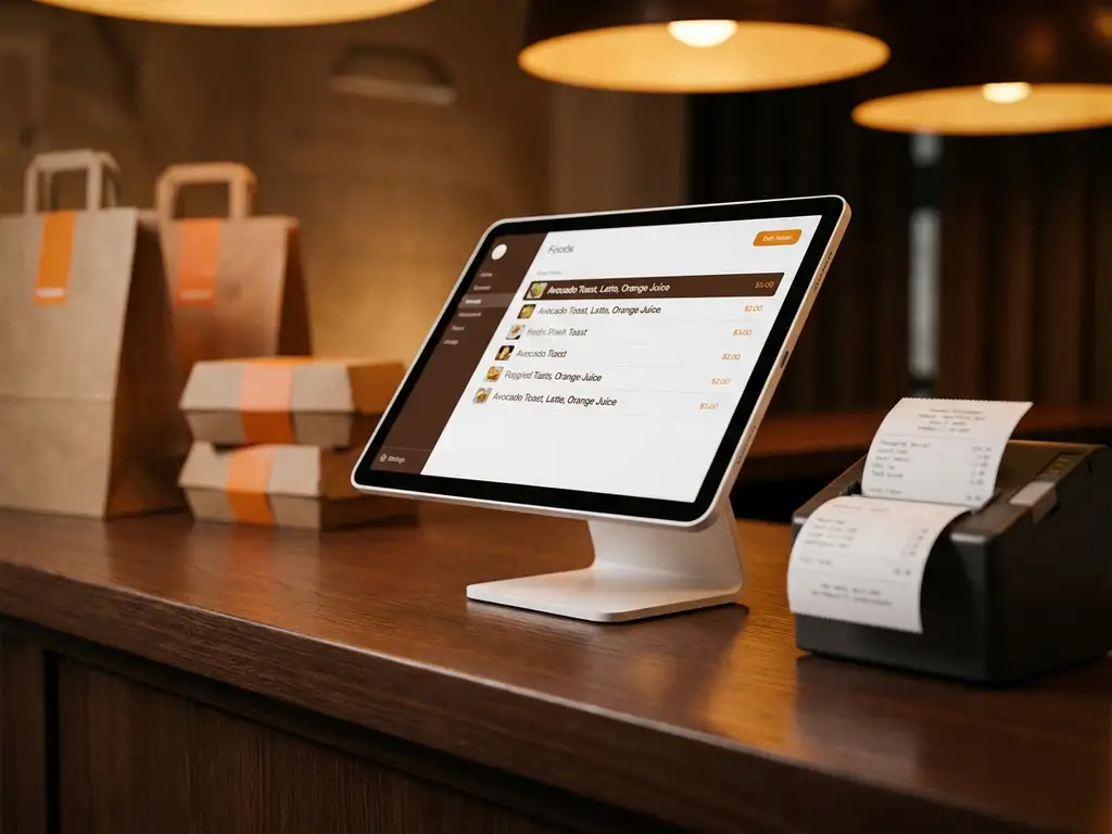 POS-tablet op restauranttoonbank met actieve bestelling, printende bon en afhaalverpakking op de achtergrond.