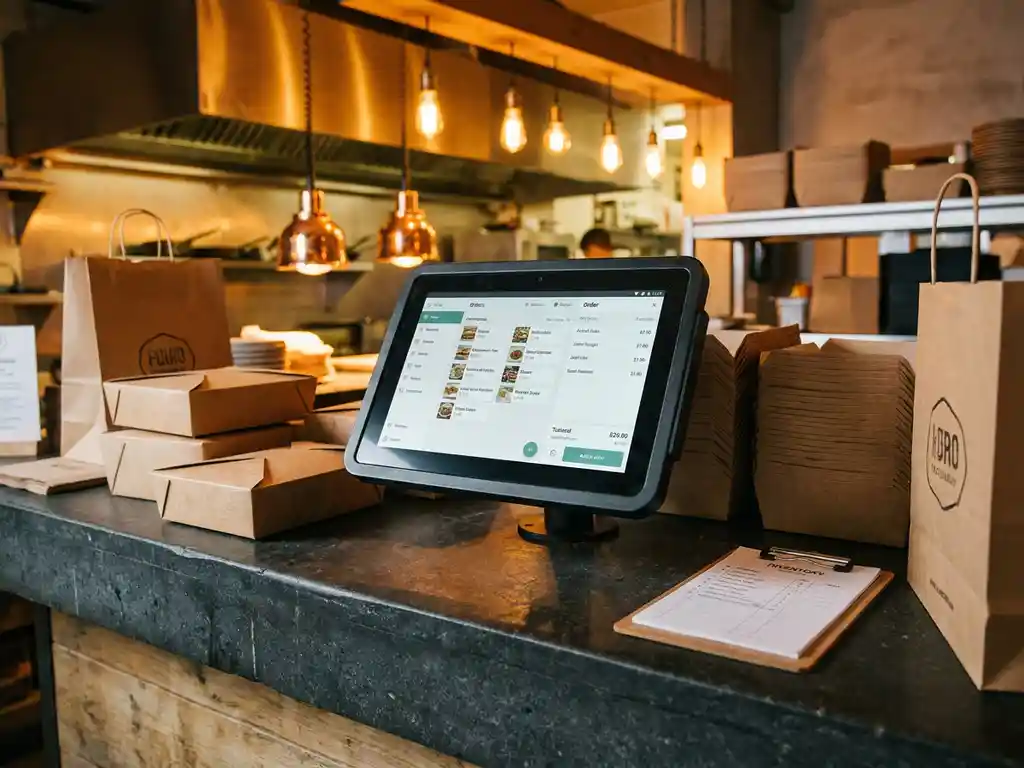 POS-tablet op restauranttoonbank met actief bestellingenscherm, omringd door afhaalverpakkingen en voorraadklembord, warm keukenlicht op de achtergrond.