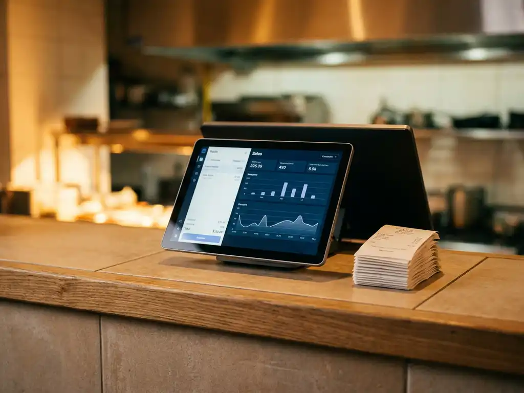 POS-tablet met verkoopdashboard op toonbank van afhaalrestaurant, naast een stapel kassabonnen, warm omgevingslicht op de achtergrond.