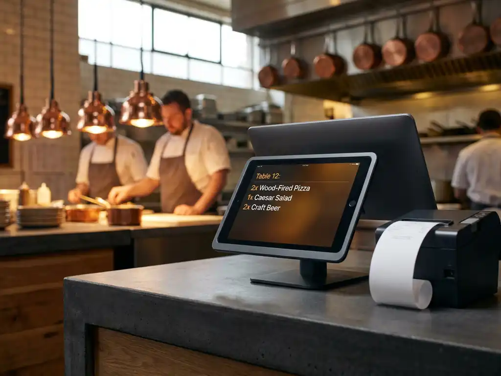 POS-tablet op restauranttoonbank met actieve voedselbestelling en printende kassabon, warme keukenverlichting op de achtergrond.