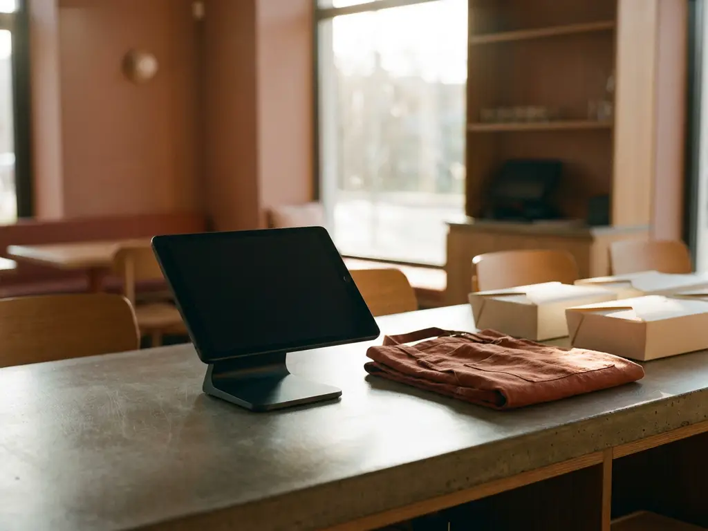 Modern POS-tablet op een strak restaurantbalie, naast een gevouwen schort en afhaalverpakking, in warm goudkleurig middaglicht.