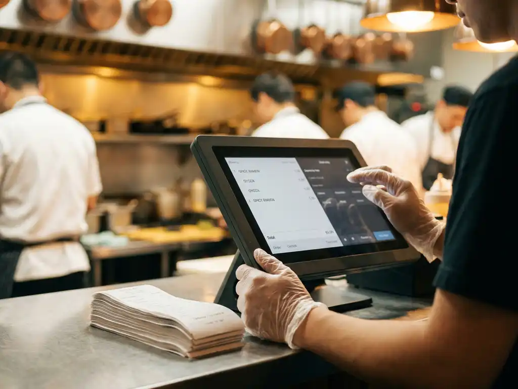 Restaurantmedewerker bedient een POS-touchscreen kassasysteem met stapel afhaalbon­netjes ernaast, warme keukenverlichting op de achtergrond.