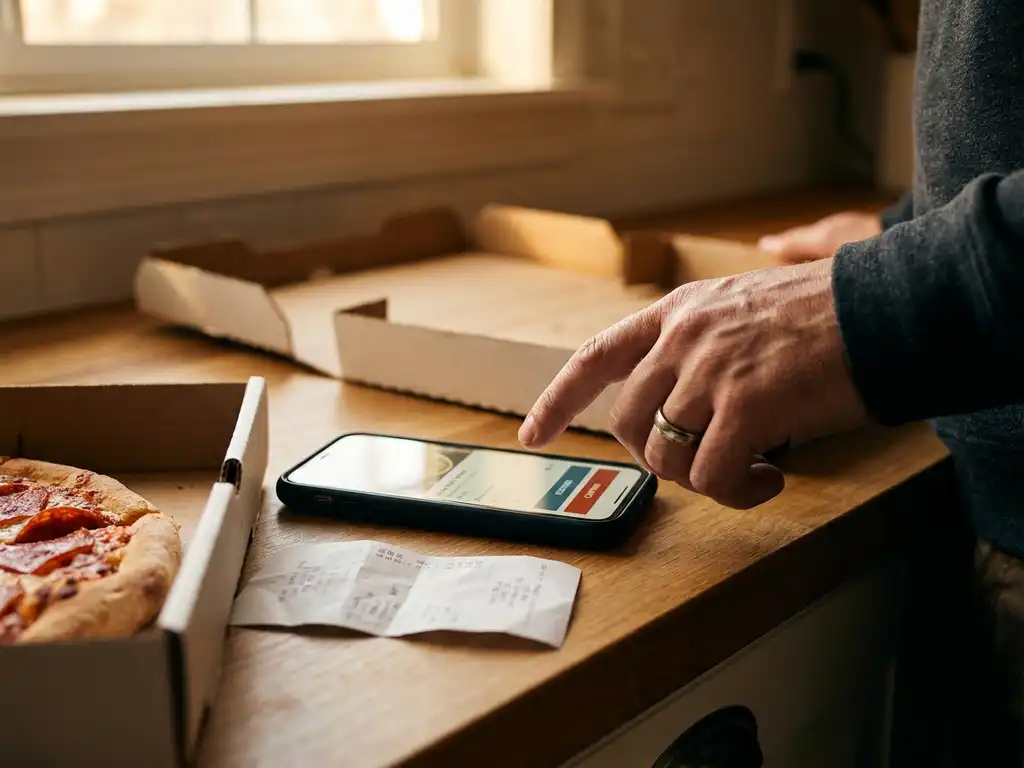 Hand tikt op smartphone om eten te herbestellen via bezorgapp, naast een pizzadoos en bon op een keukentafel.