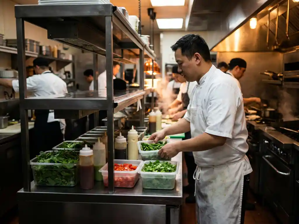 Chef vult lege ingrediëntenplank bij tijdens drukke keukenservice, met groenten, sauzen en containers op industriële roestvrijstalen stellingen.