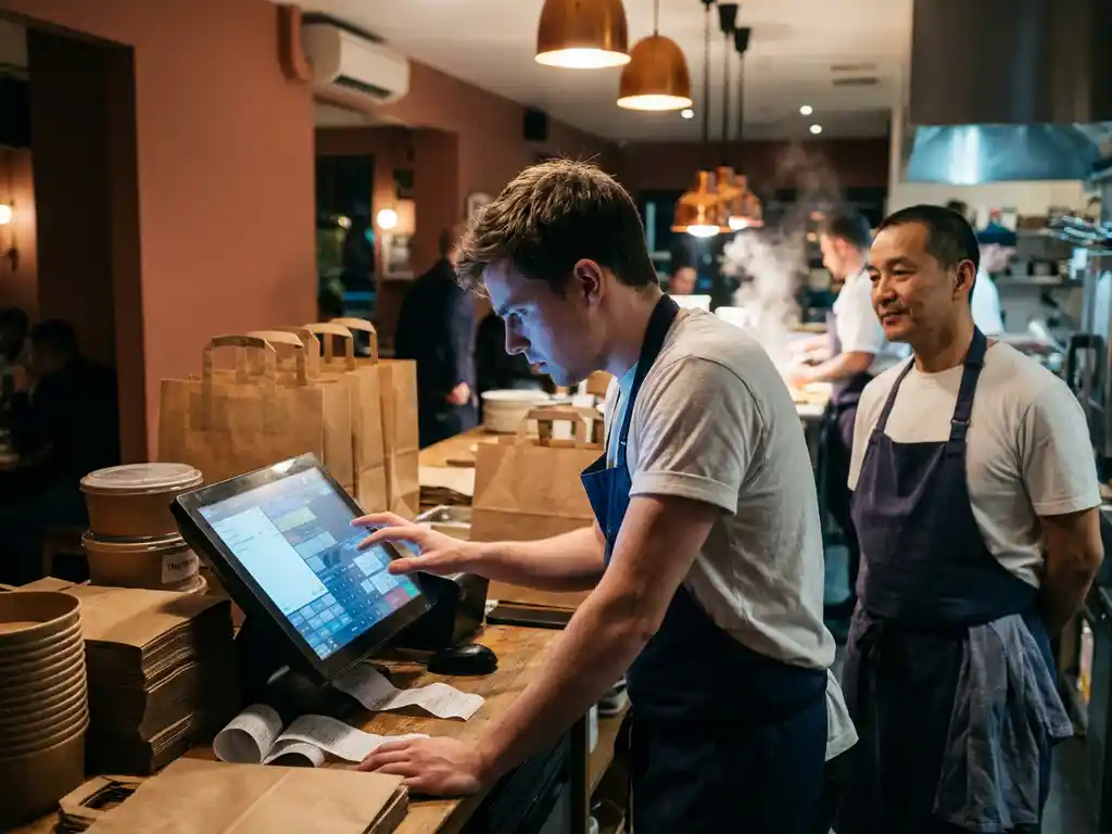 Nieuwe restaurantmedewerker bedient POS-touchscreen tijdens drukke avondspits, met afhaalbestellingen op de toonbank en een collega op de achtergrond.