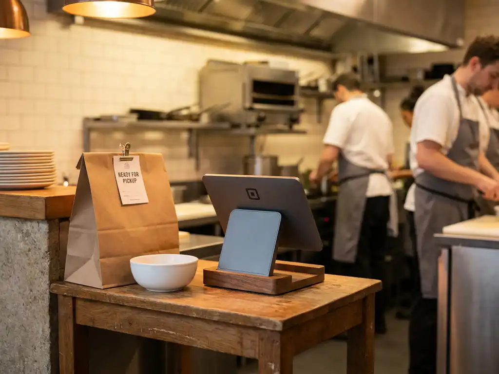 POS-tablet op toonbank van een afhaalrestaurant naast een gevulde papieren tas, met een zachte keuken op de achtergrond.