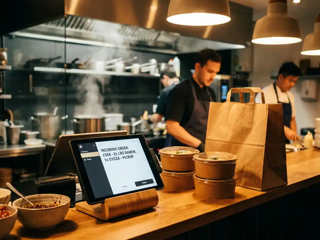 POS-tablet op restauranttoonbank toont binnenkomende bestelling, met afhaaltassen en warme voedselbakjes klaar voor ophaling.