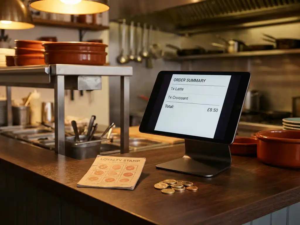 POS-tablet op restauranttoonbank met bestellingsoverzicht, loyaliteitsstempelkaart en beloningspenningen in warm licht.