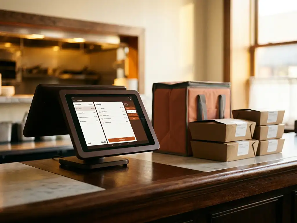 POS-tablet op restauranttoonbank met actief bestelscherm, bezorgtas en afhaalverpakkingen, warme keukenverlichting op de achtergrond.
