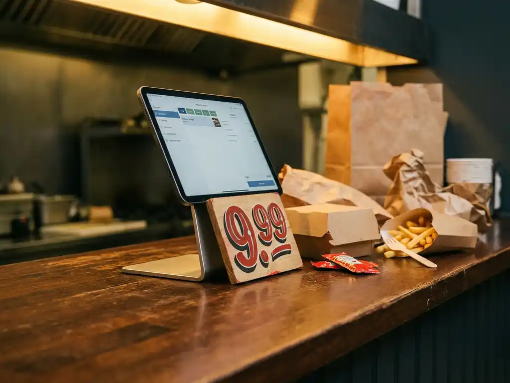 POS-tablet op restauranttoonbank met promotie-prijskaartje, afhaalverpakkingen en frietbakje in warm amber licht.