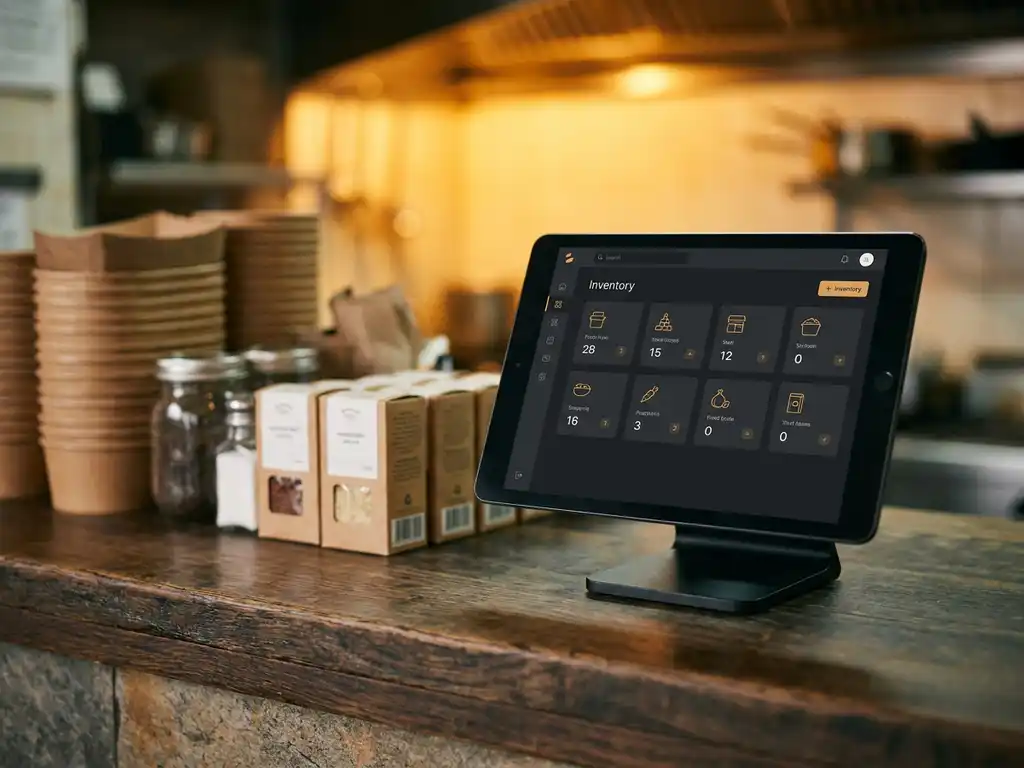 POS-tablet op restauranttoonbank met voorraaddashboard, omringd door voedselbakken en ingrediëntendozen in warm amberkleurig keukenlicht.