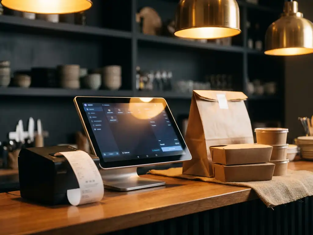 POS-touchscreen op restauranttoonbank met printende bon, bezorgtas en voedselbakjes in warm amberkleurig licht.