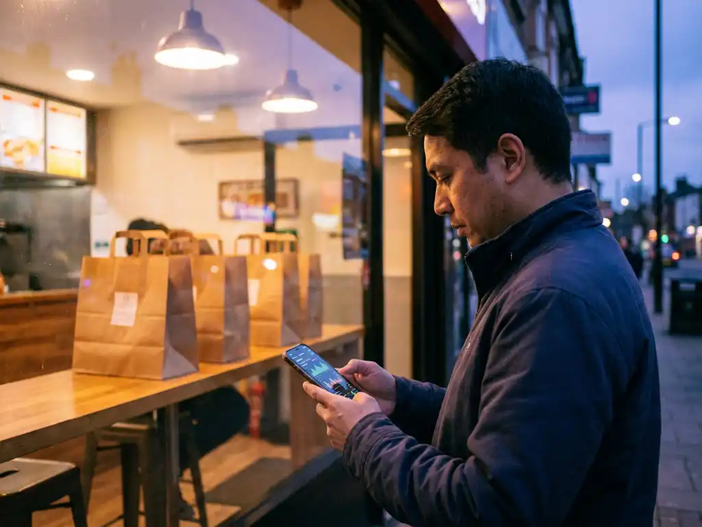 Restauranteigenaar bekijkt bestellingendashboard op smartphone buiten afhaalrestaurant bij schemering, bezorgingstassen zichtbaar door raam.