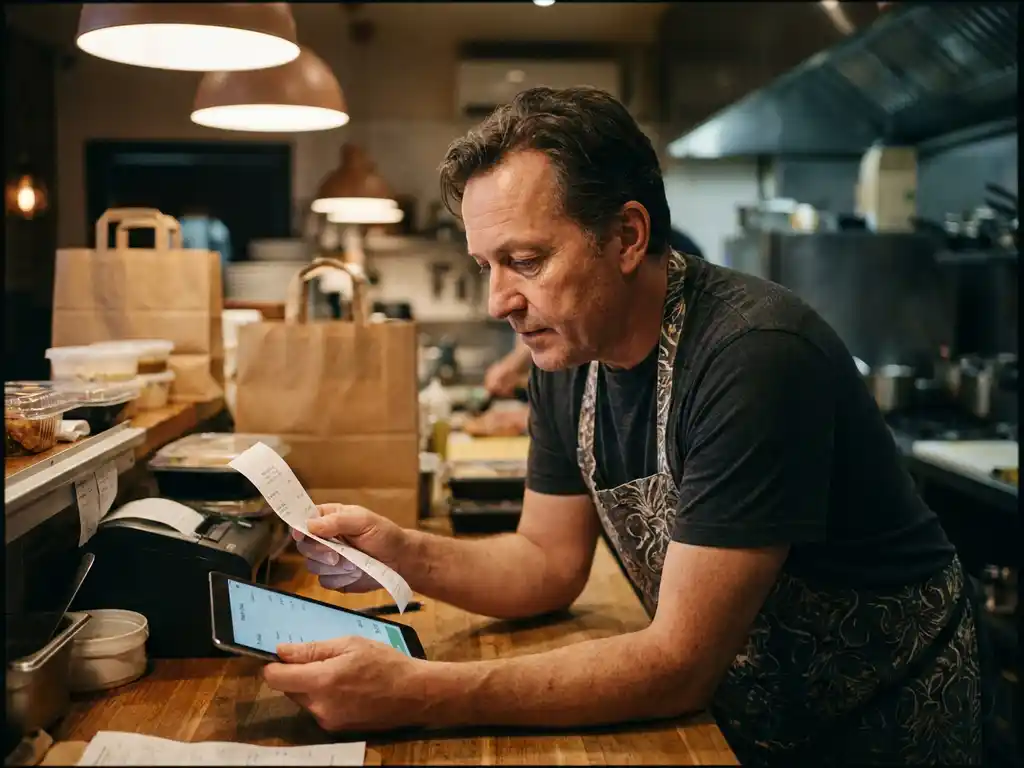 Restauranteigenaar vergelijkt papieren bon met tabletscherm aan drukke afhaalballie, bezorgtassen en voedselbakjes op achtergrond.