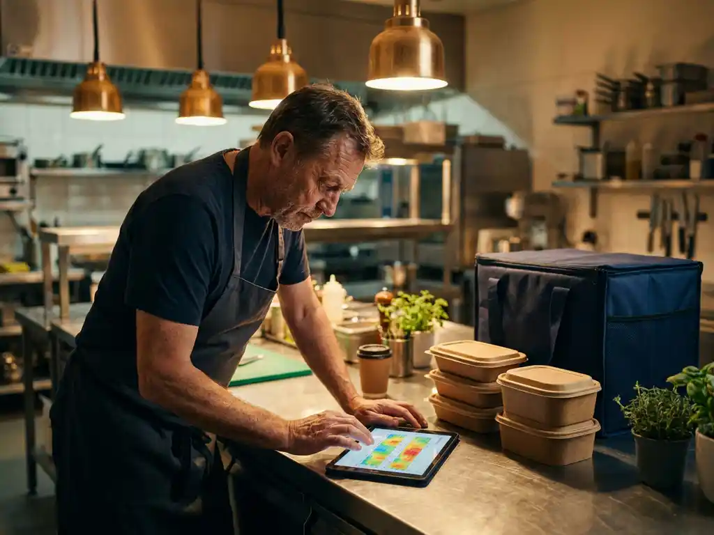 Restauranteigenaar bekijkt wekelijkse bestelheatmap op tablet, afhaalcontainers en bezorgtas op roestvrijstalen keukentoonbank.
