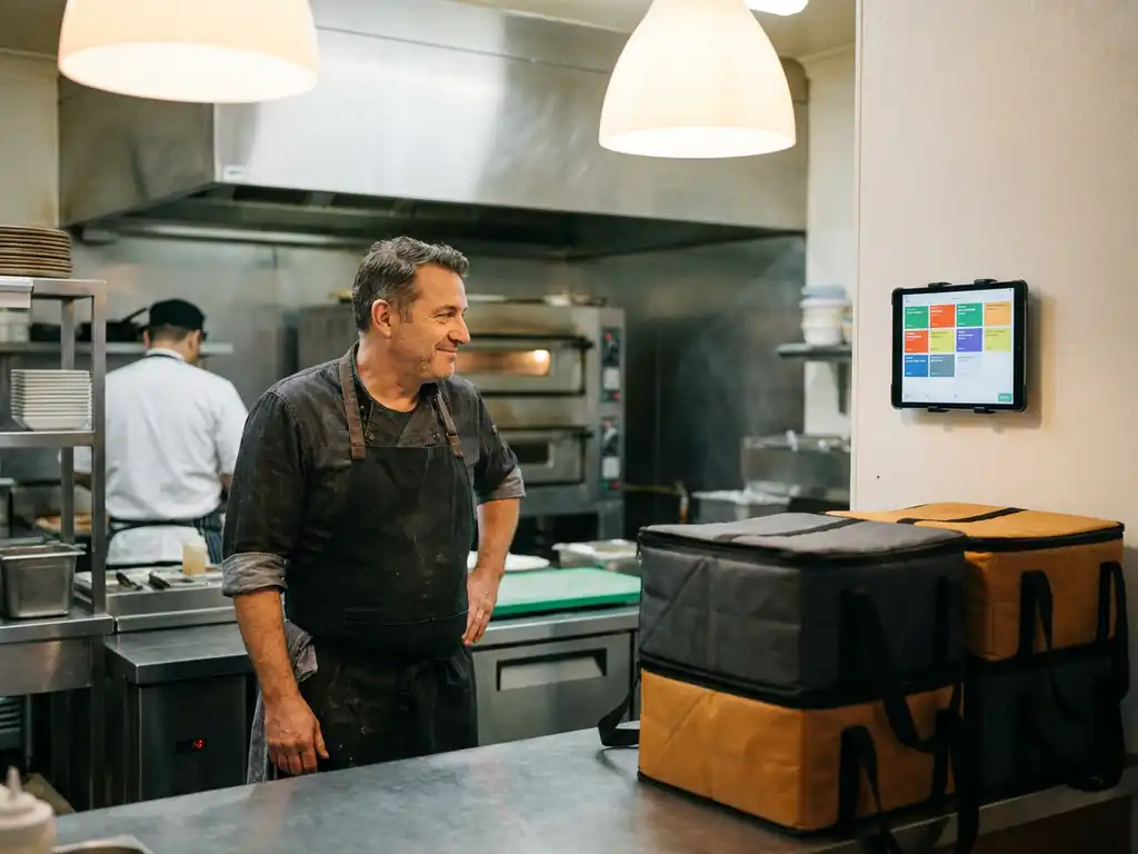 Restauranteigenaar in drukke afhaalrestaurant bekijkt tabletscherm met orderoverzicht, bezorgingstassen klaar op de toonbank.
