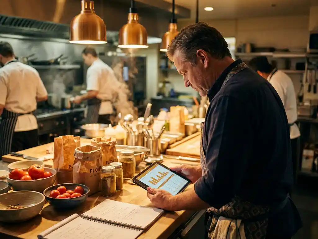 Restauranteigenaar bekijkt voorraadgrafieken op tablet aan keukenwerktafel met tomaten, meelzakken en kruidenpotten.