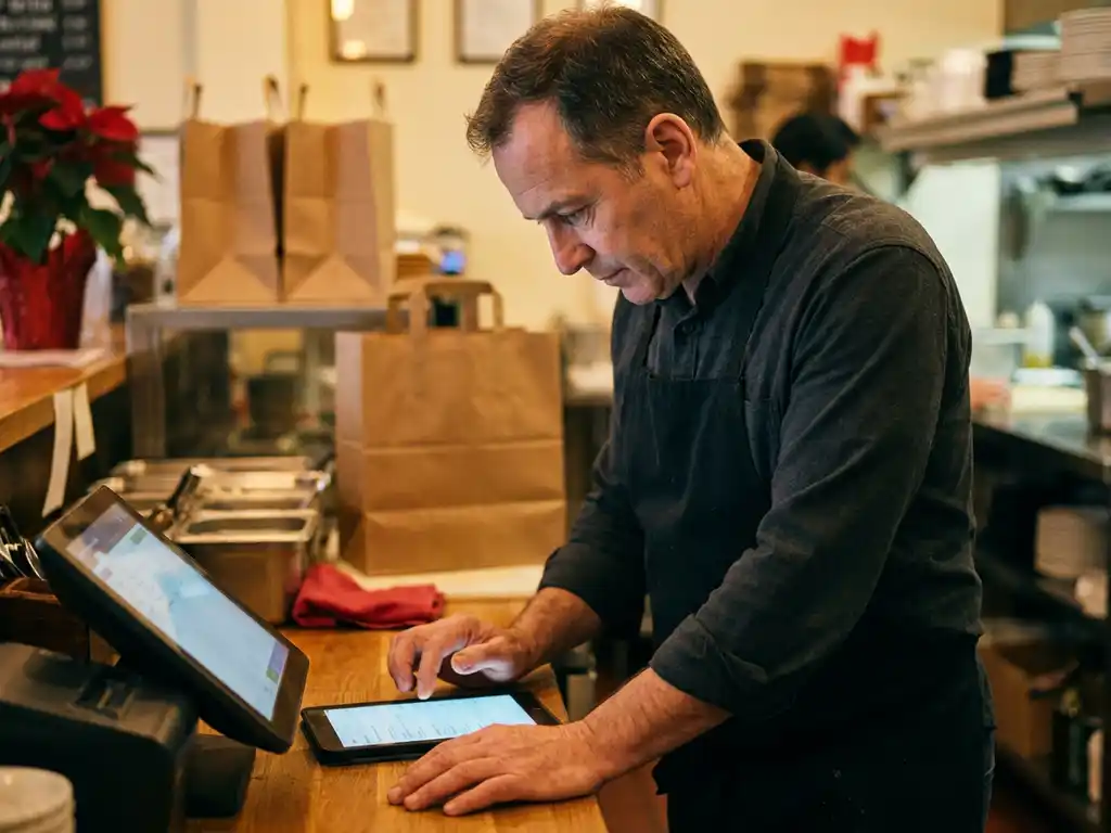 Restauranteigenaar bestudeert tablet met klantenlijst aan afhaalloket, bezorgingstassen en voedselverpakkingen op de achtergrond.