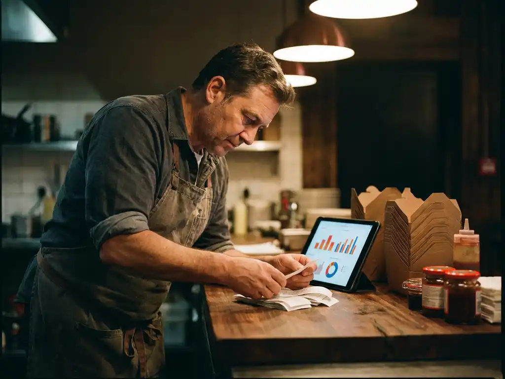Restauranteigenaar bekijkt bestelbon en promotiestatistieken op tablet aan houten toonbank, afhaalverpakkingen op de achtergrond.