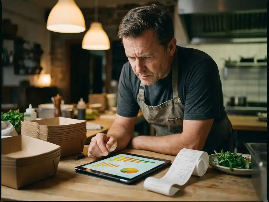 Restauranteigenaar bestudeert verkoopgrafieken op tablet tussen afhaalverpakkingen en kassabon op keukenbar.