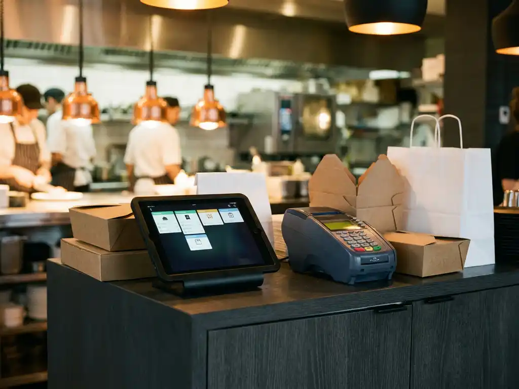 Tablet met live restaurantbestellingen naast een POS-terminal op een horecatoonbank, omgeven door afhaalverpakkingen in warm amberlight.