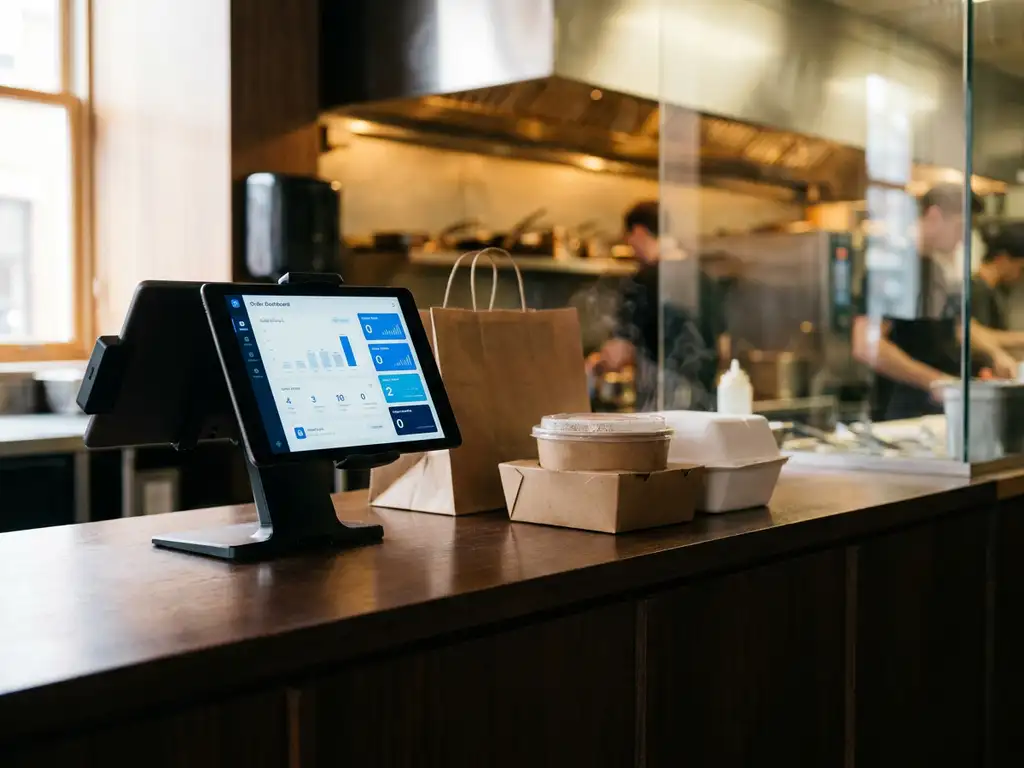 Tablet op restaurantbalie met actief bestellingsdashboard, dampende afhaalzakken en voedselbakjes op de voorgrond.