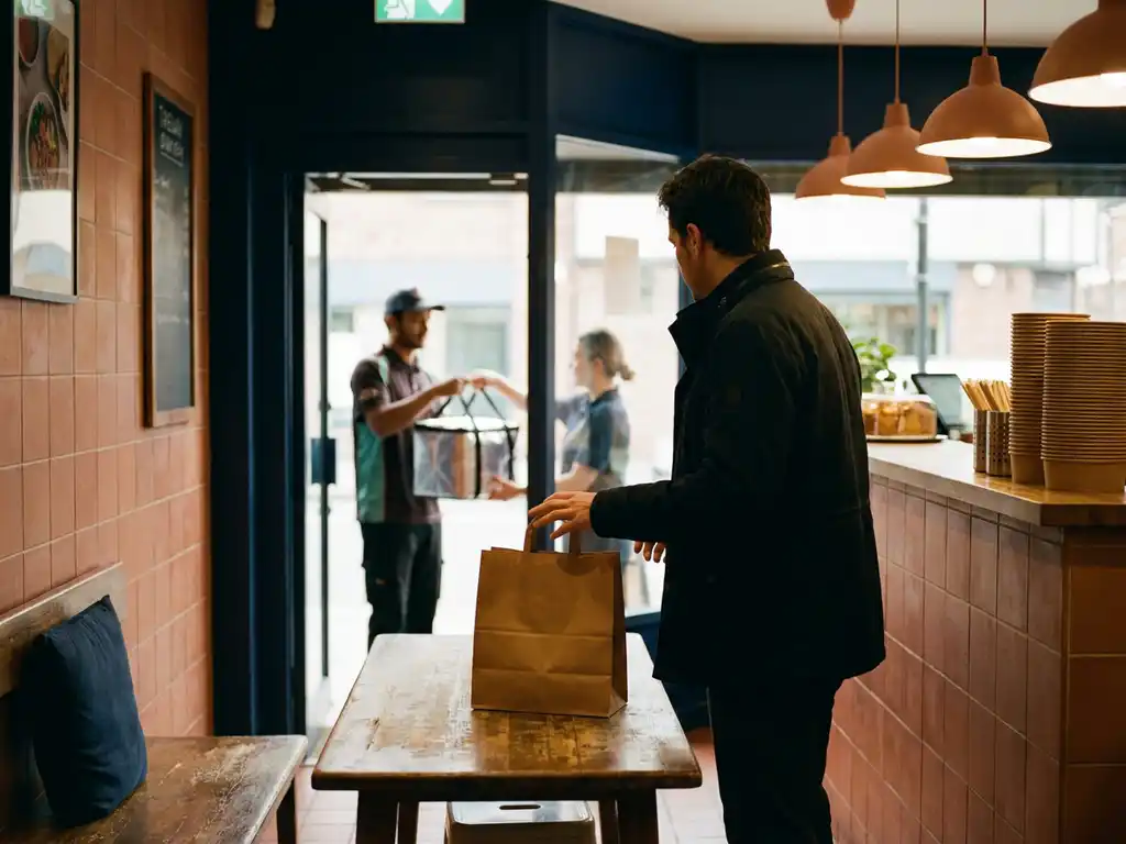 Klant aarzelt bij afhaalrestauranttoonbank tussen twee bezorgzakken, warm interieur met tegelmuren en hanglampjes in terracotta en marineblauw.