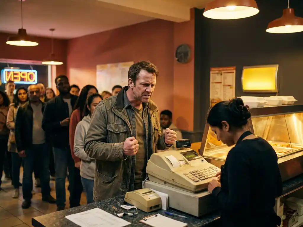 Gefrustreerde klant bij drukke afhaalrestauranttoonbank terwijl kassier bestellingen verwerkt op verouderd kassasysteem met lange wachtrij.